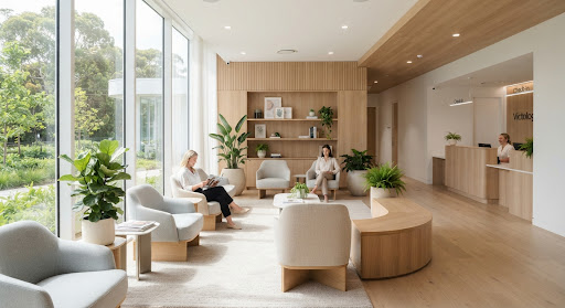 A calm waiting area with natural light and plants