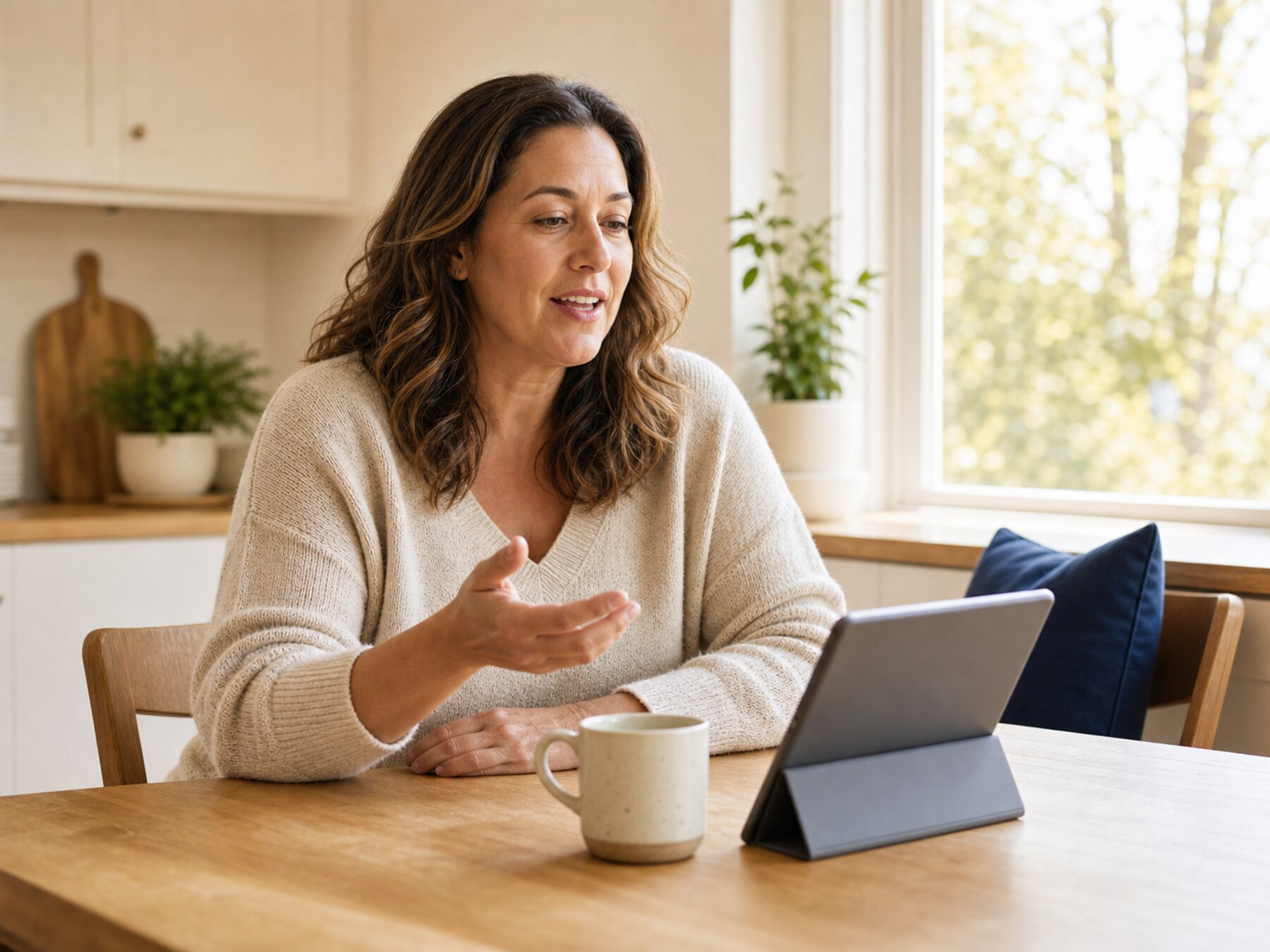 A woman reviewing paperwork beside a laptop