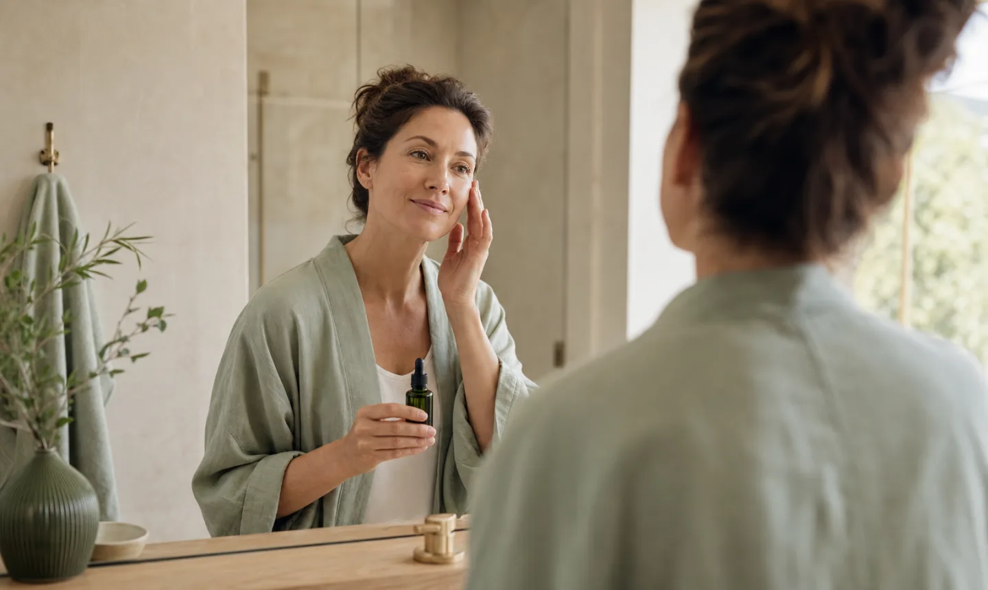 A woman looking closely at her skin in a bathroom mirror